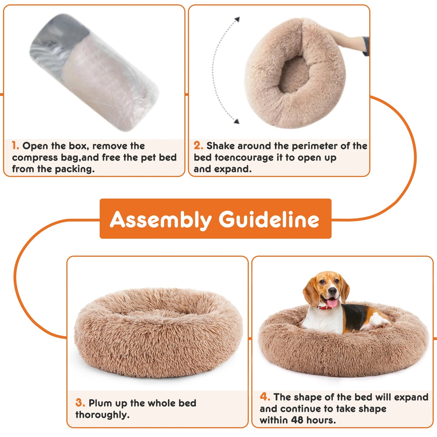 JHK Calming Dog Bed Anti Slip Washable Plush Faux Fur Round Pet Bed