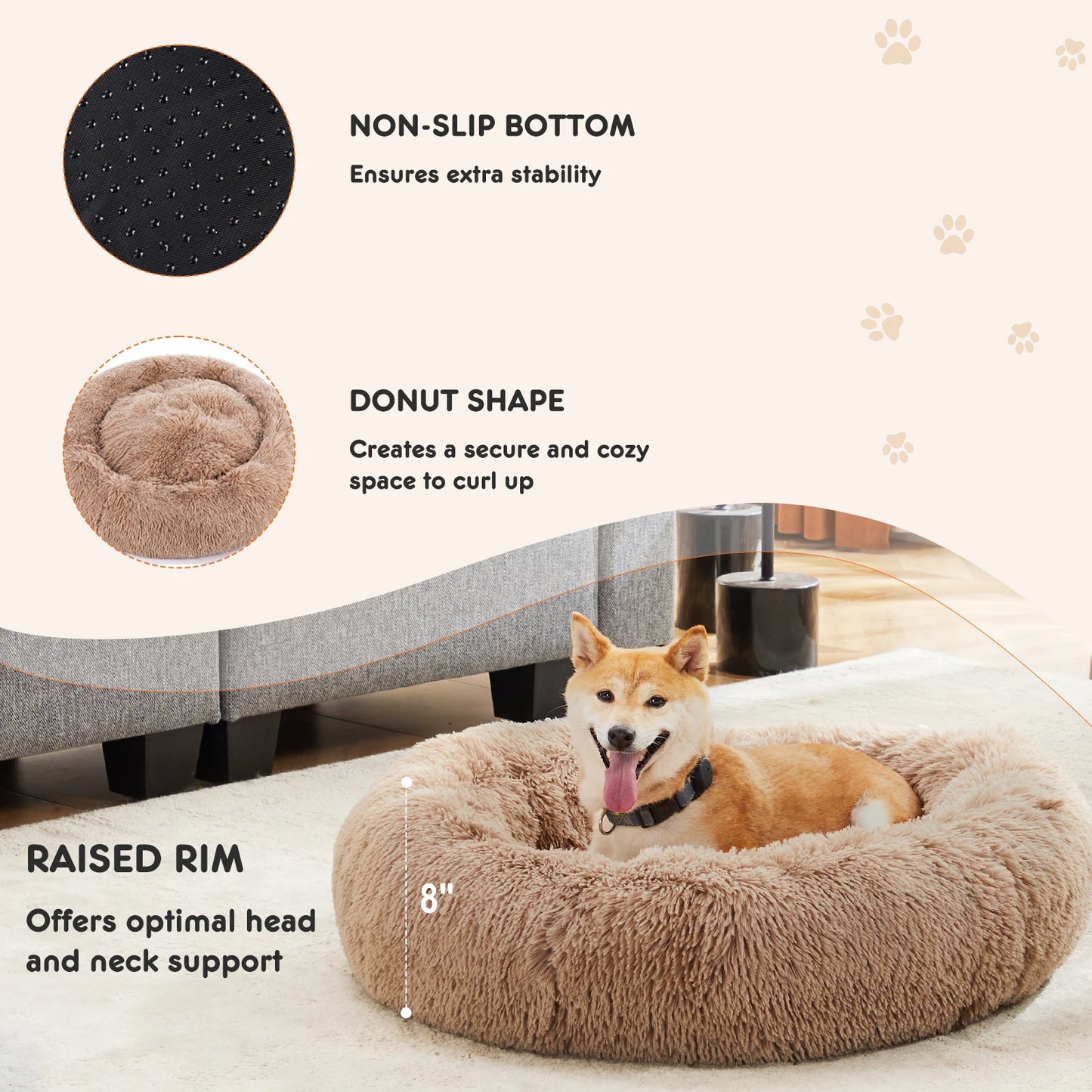 JHK Calming Dog Bed Anti Slip Washable Plush Faux Fur Round Pet Bed