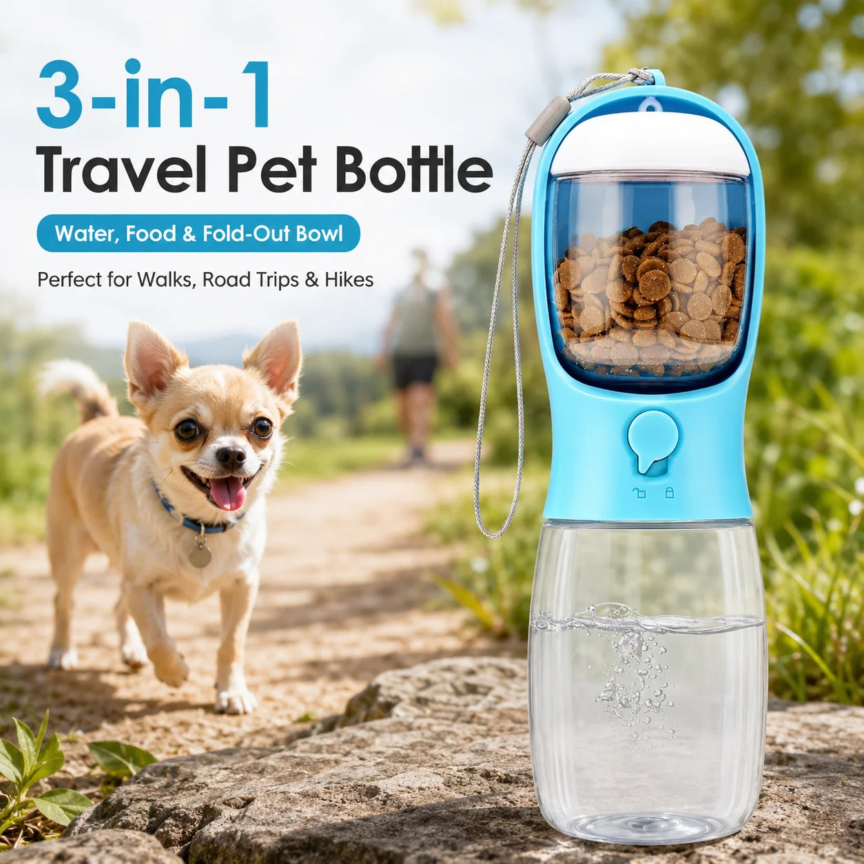 Portable 3-In-1 Pet Travel Dispenser Water Bottle and Bowl