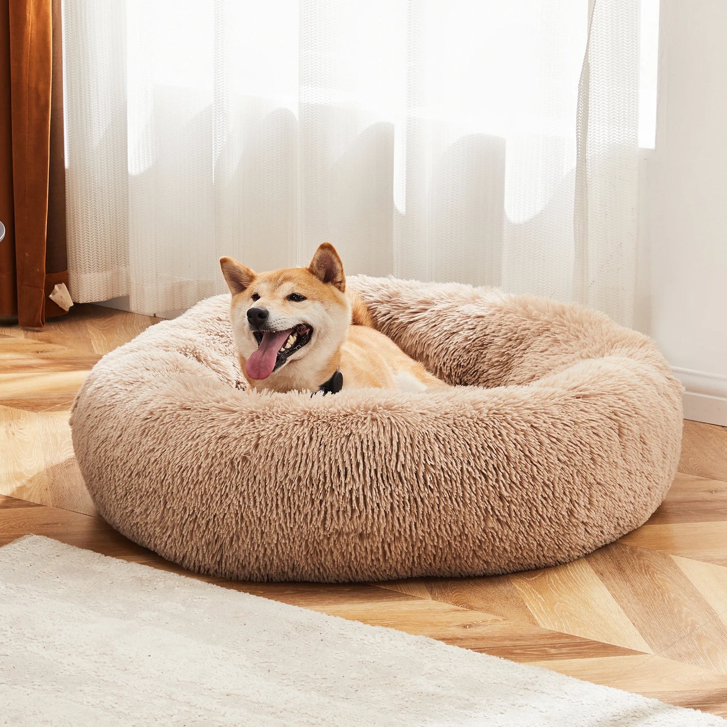JHK Calming Dog Bed Anti Slip Washable Plush Faux Fur Round Pet Bed