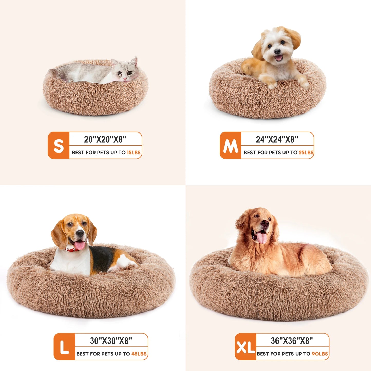 JHK Calming Dog Bed Anti Slip Washable Plush Faux Fur Round Pet Bed