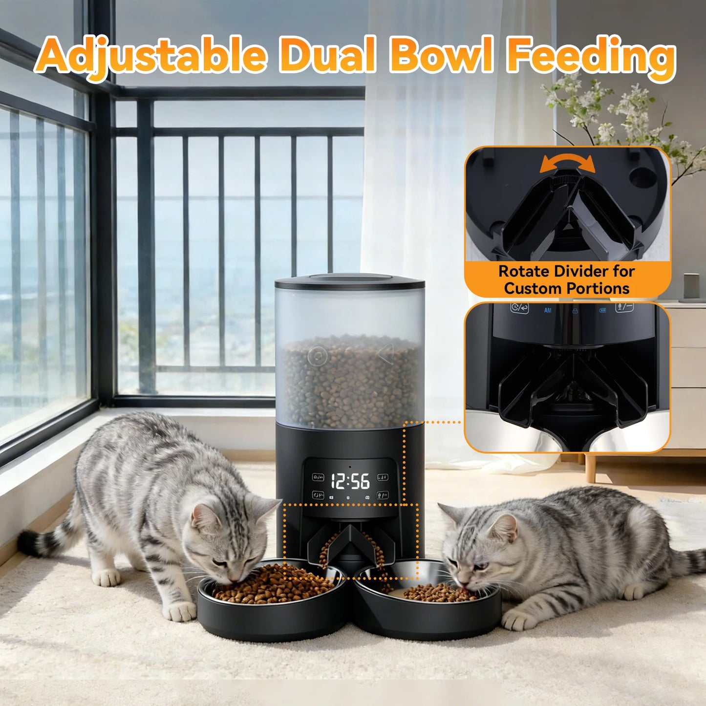 JHK Automatic Dual Pet Feeder For Cats And Dogs With Timed Stainless Bowls