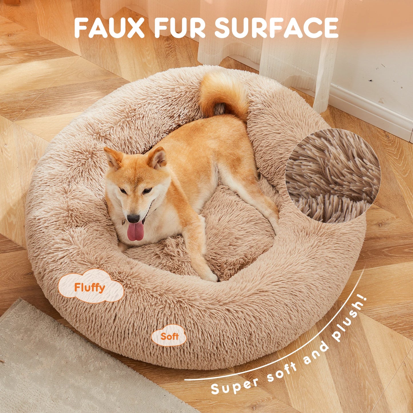 JHK Calming Dog Bed Anti Slip Washable Plush Faux Fur Round Pet Bed